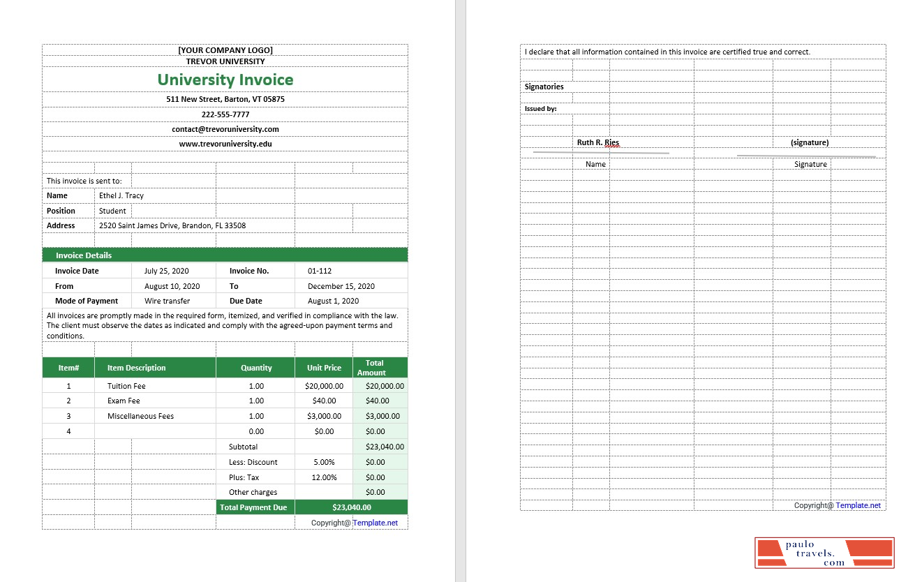 Blank University Invoice Template PSD template